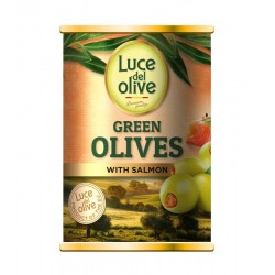 LUCE DEL OLIVE žaliosios alyvuogės su lašišos įdaru, 280 g.